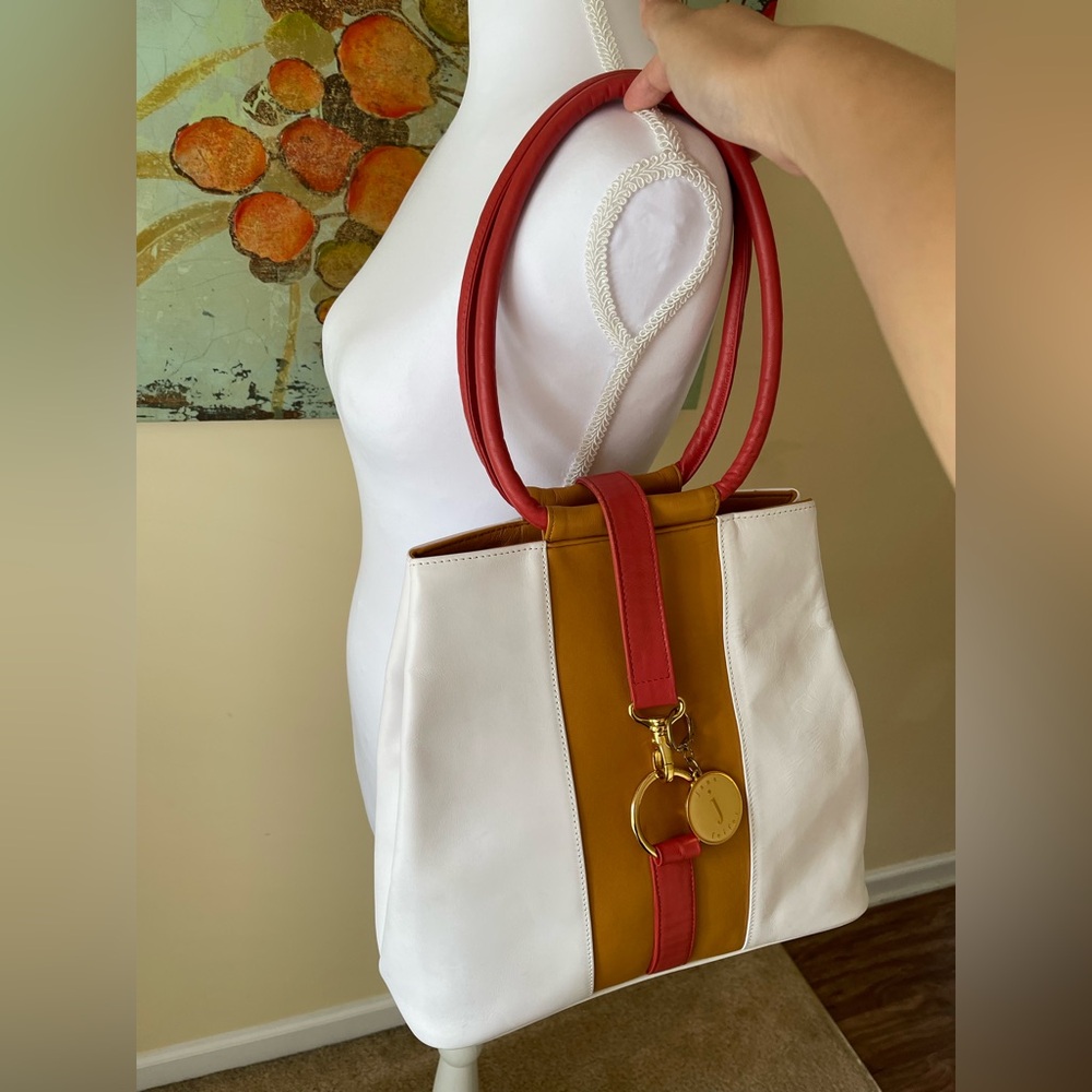 Jana Feifer White, Mustard & Red Tote Bag with Gold Accent
